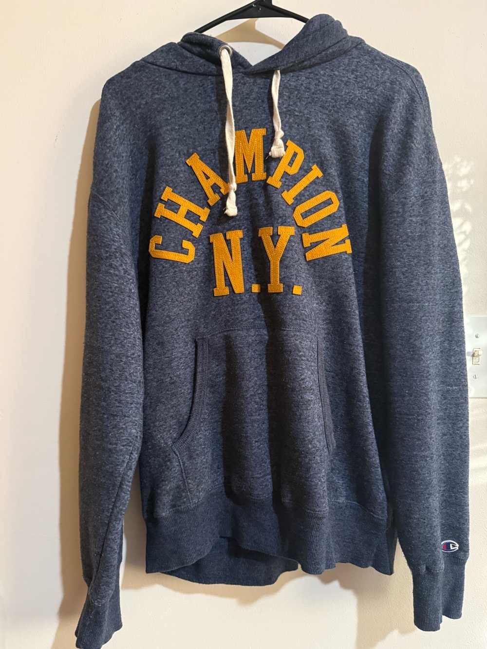 Vintage Classic Champion Navy Crewneck Hoodie with Gold Lettering